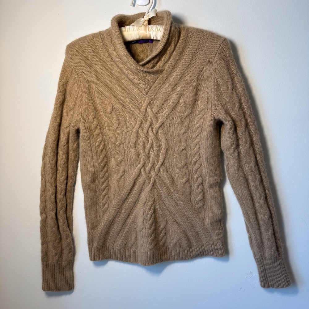 Saks Fifth Avenue cashmere cable knit pullover sweater dark tan thick warm soft